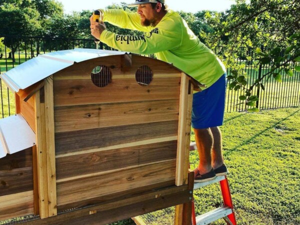 Man assembling his backyard chicken coop from Roost & Root