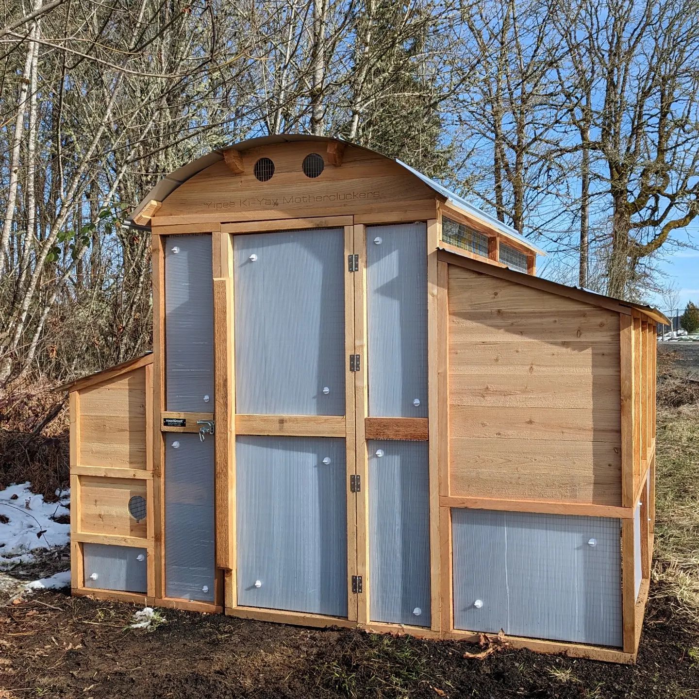 Model 2 Walk-In Chicken Coop with storm panels front view