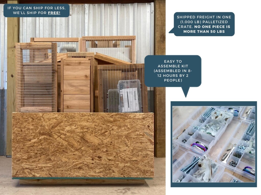 Walk-In Coop Packaged Crate - Ships freight to all 50 states. No one piece is more than 50 lbs. Walk-In Chicken Coop Packaged Crate & Shipping Information