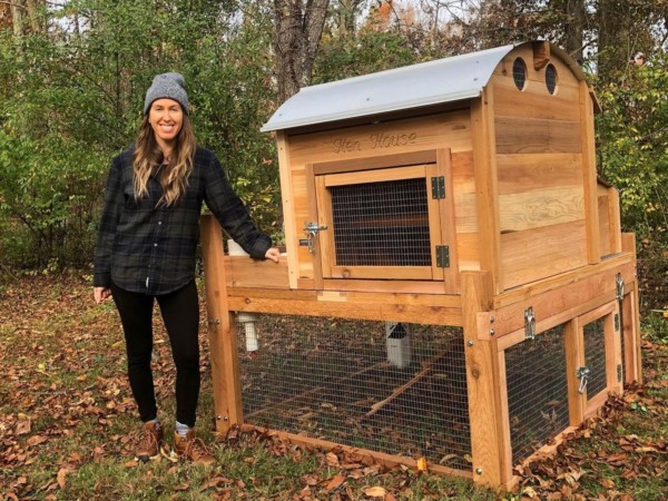 Customer in front of their fully assembled Round-Top Backyard Chicken Coop