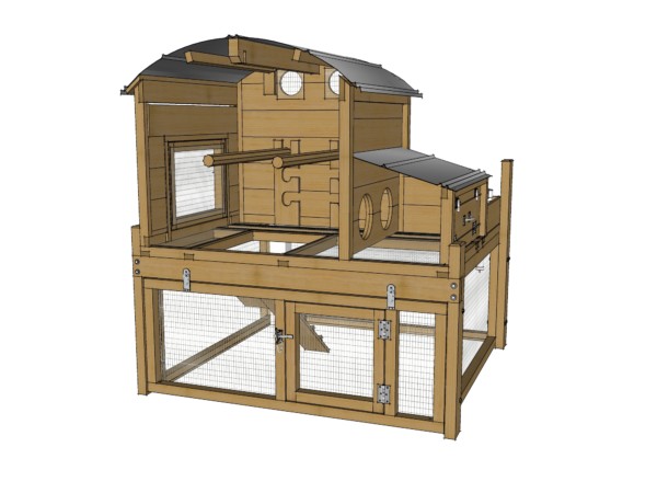 A CAD drawing that features a detailed inside view of the Round-Top Backyard Chicken Coop