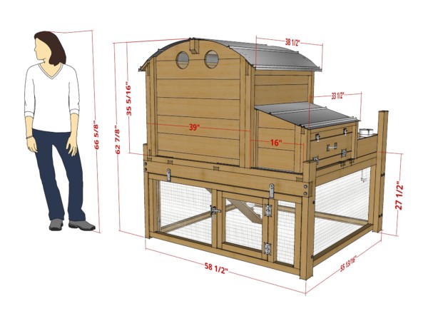 A CAD drawing that features detailed measurements of the Round-Top Backyard Chicken Coop